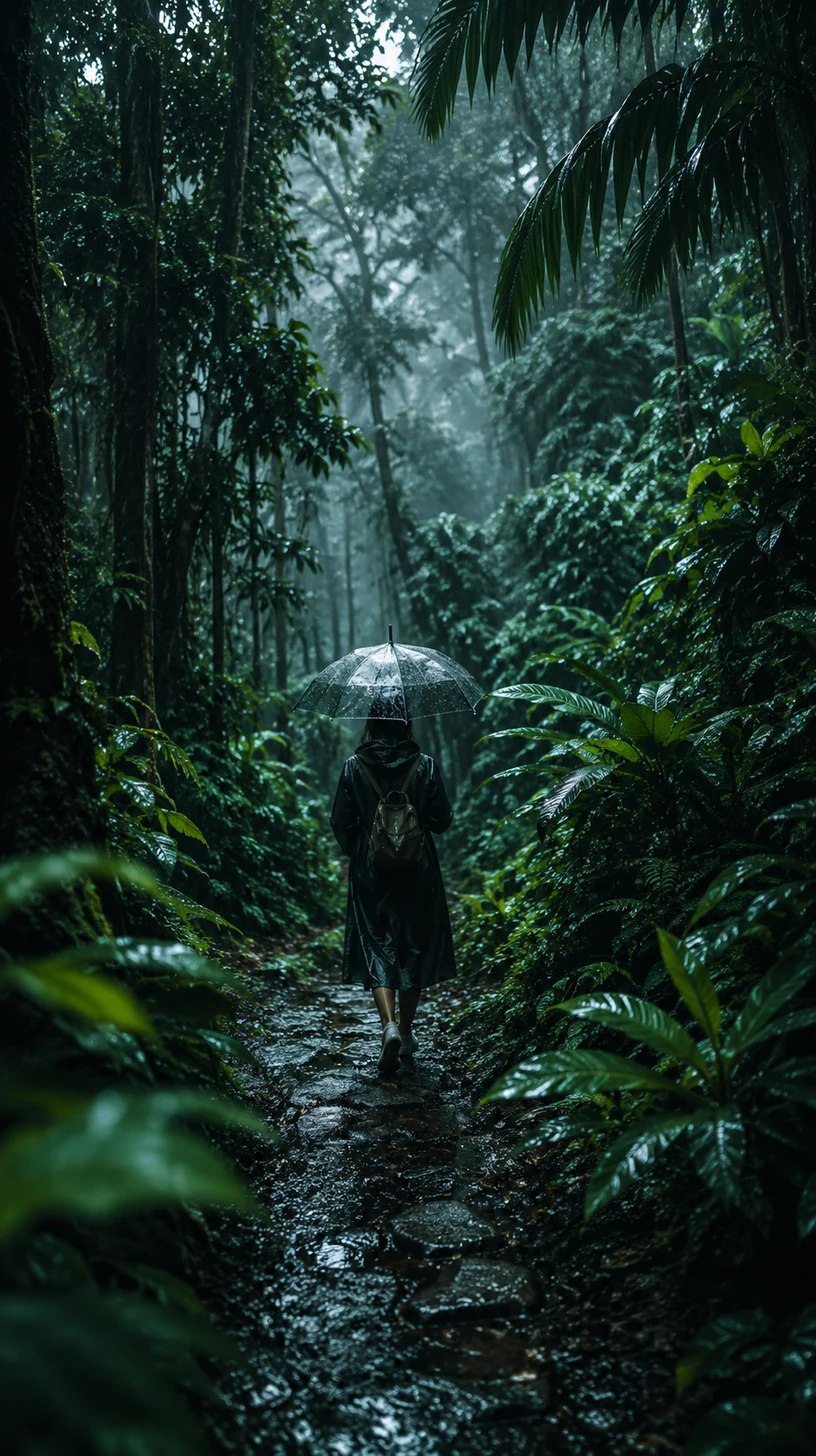 Traveler walking with a clear umbrella through a misty Malaysian rainforest after monsoon rain