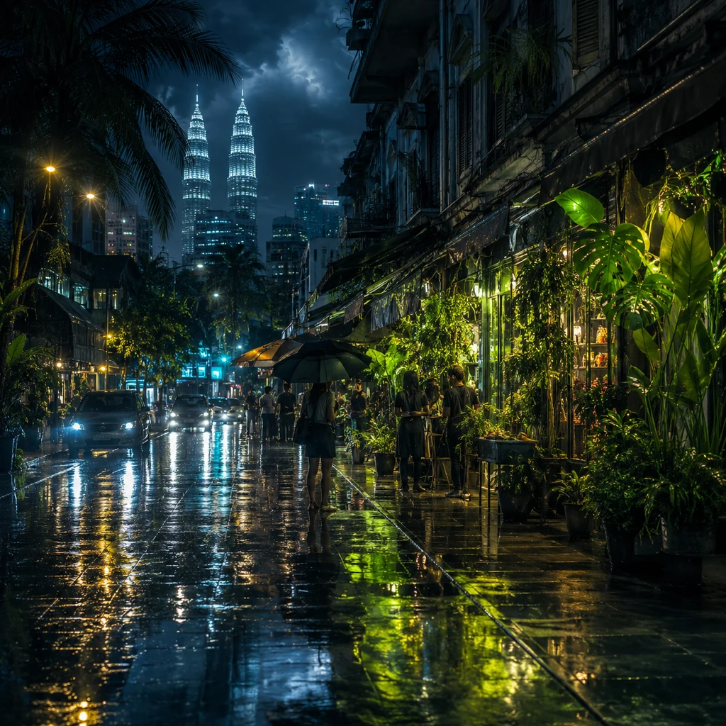 Kuala Lumpur wet street at night with neon reflections