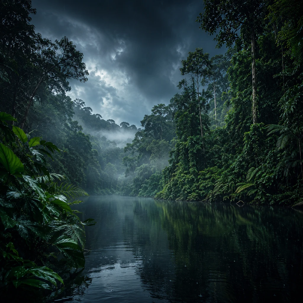 Dark Malaysian rainforest river under storm clouds and silver monsoon rain