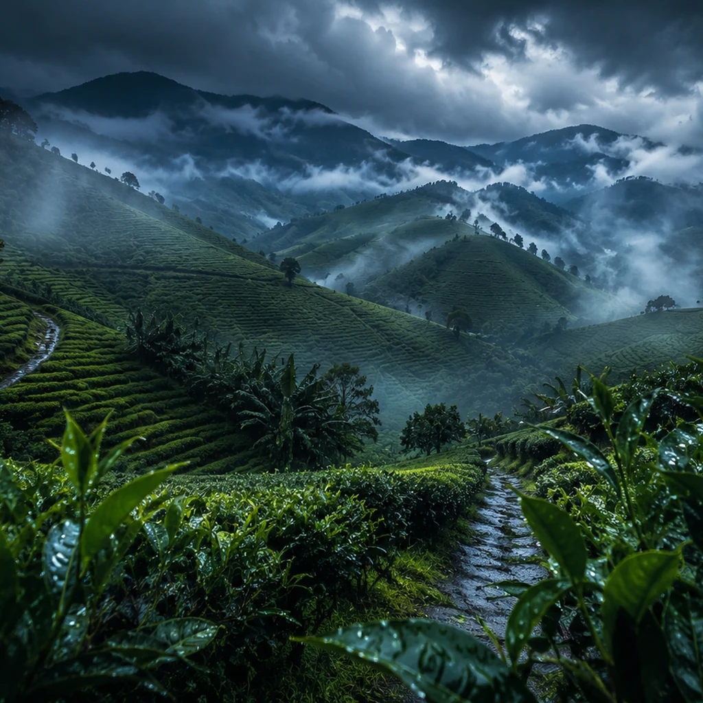 Cameron Highlands tea fields covered in monsoon mist