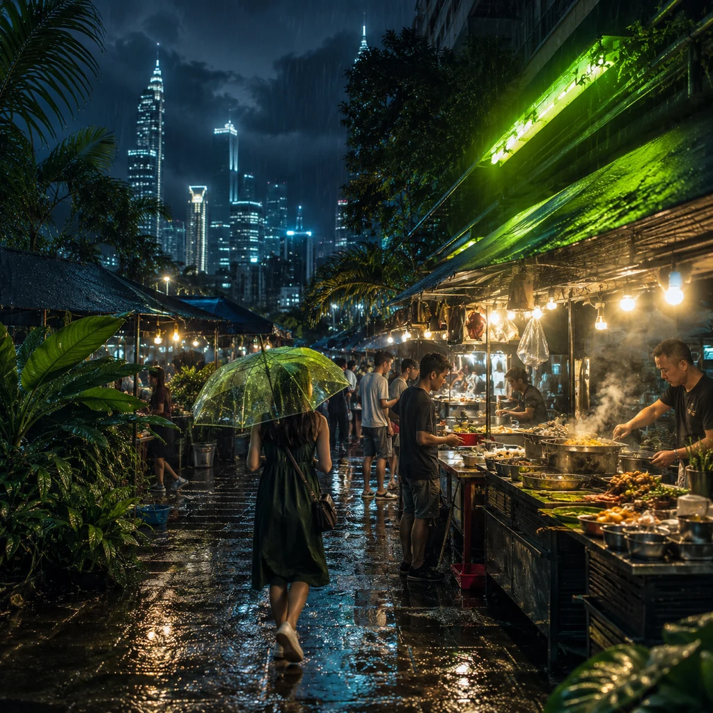 Rainy Malaysian night market glowing with neon lime reflections