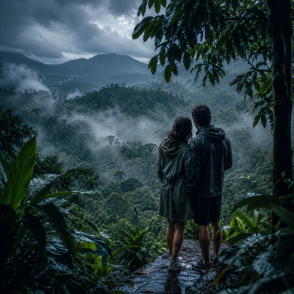 Couple looking over misty rainforest canopy in Malaysia