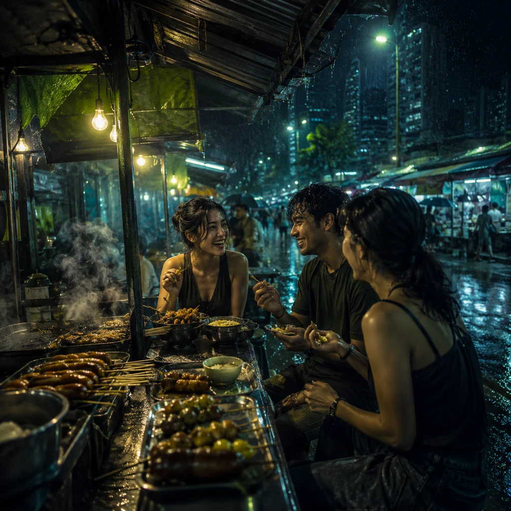 Friends tasting Malaysian street food at a rainy night market